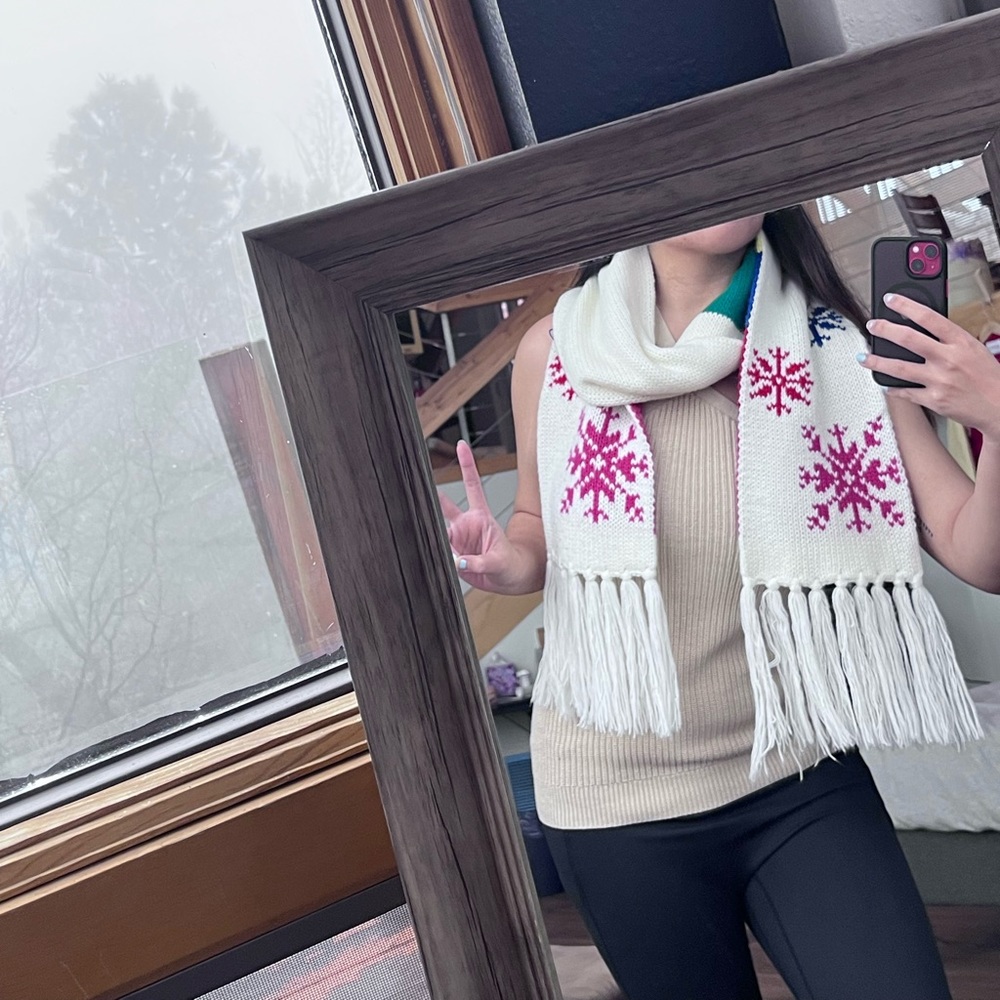 New York & Company: Snowflake Rainbow Tassel Scarf View 3